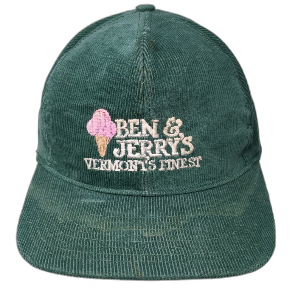 Ben & Jerry's Snapback Hat Green One Size Corduroy Made in USA Vermonts Finest